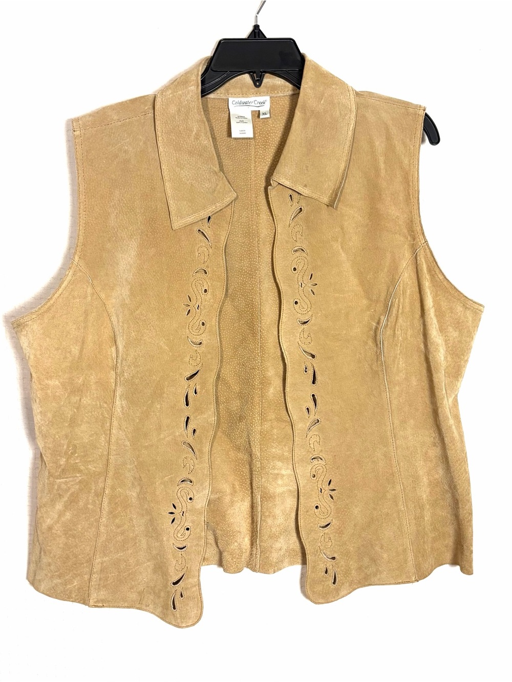Coldwater Creek Womens XL Tan Suede Leather Vest Coastal Country Cowgirl Festive